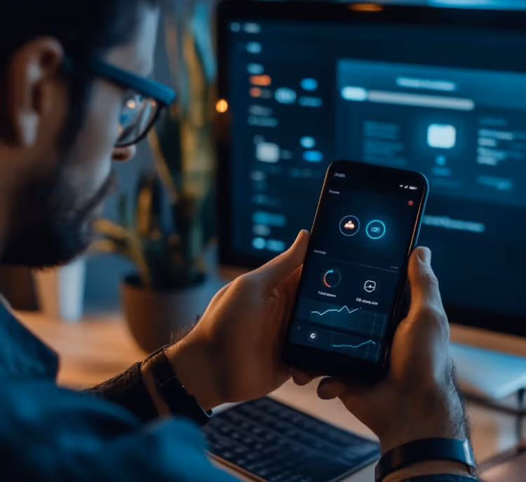 Flutter app developer holding a phone showing cross-platform iOS and Android app dashboard built with PerfectionGeeks