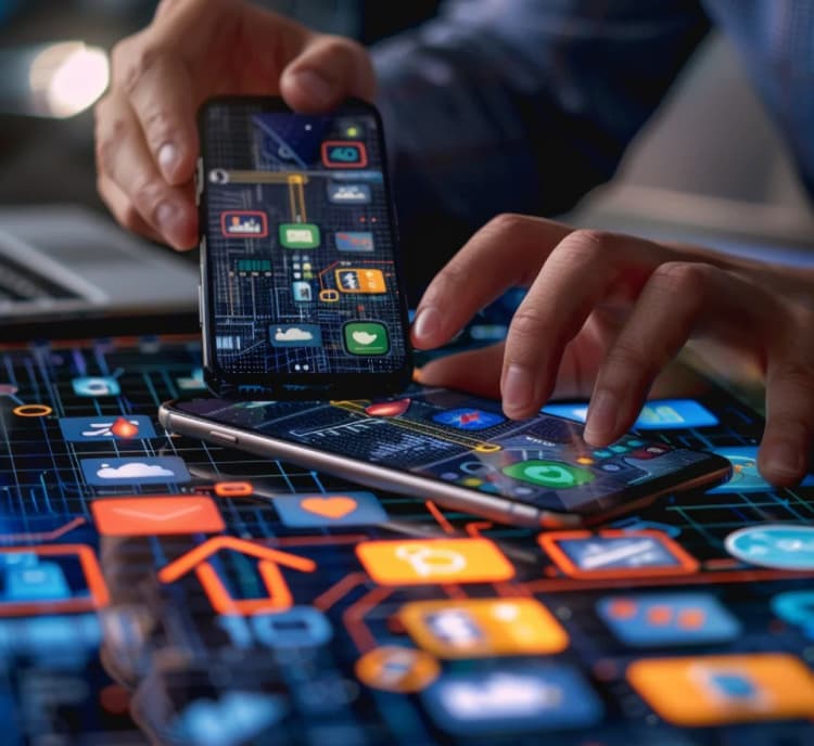 Kotlin developer holding an Android phone showing app dashboard