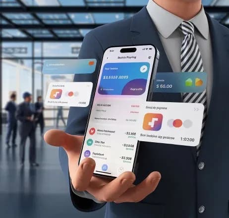 Developer holding a phone showing analytics dashboard