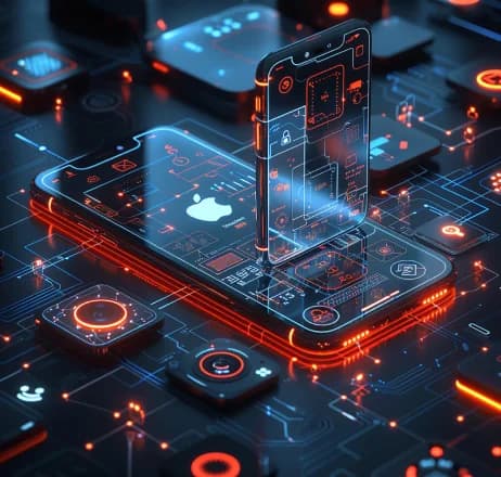 iOS developer holding an iPhone showing analytics dashboard