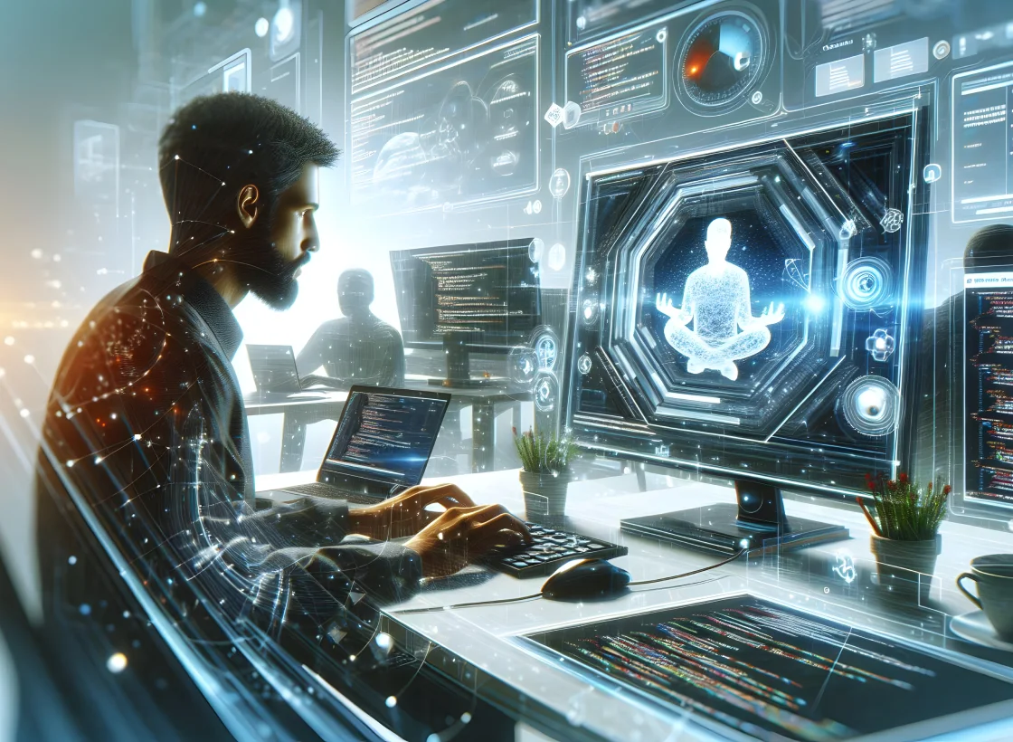 Developer working on COBOL legacy system with mainframe elements around them