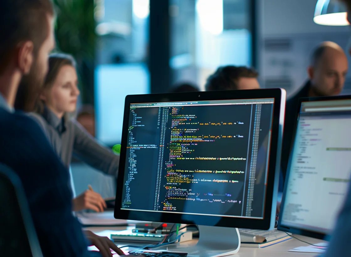 Developer working on a .NET application with enterprise architecture elements around them