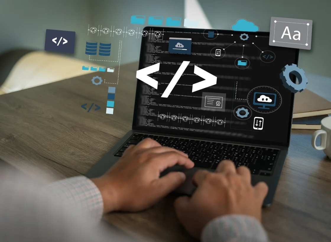 Developer working on a Node.js application with modern architecture elements around them