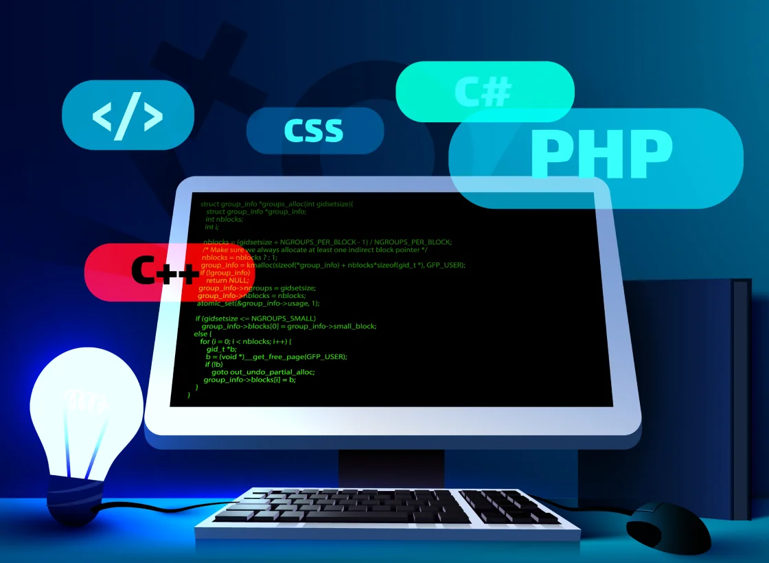 Developer working on a PHP application with code and web development elements around them
