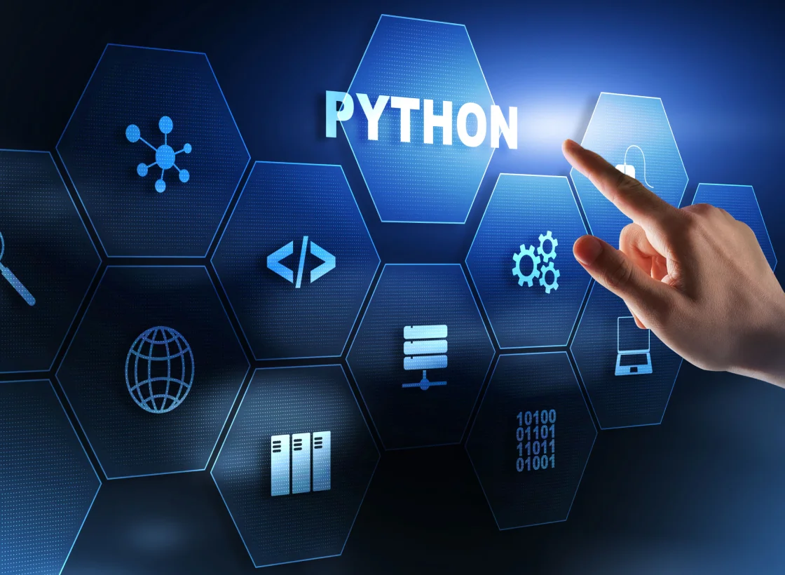 Developer working on a Python application with code and data analytics elements around them