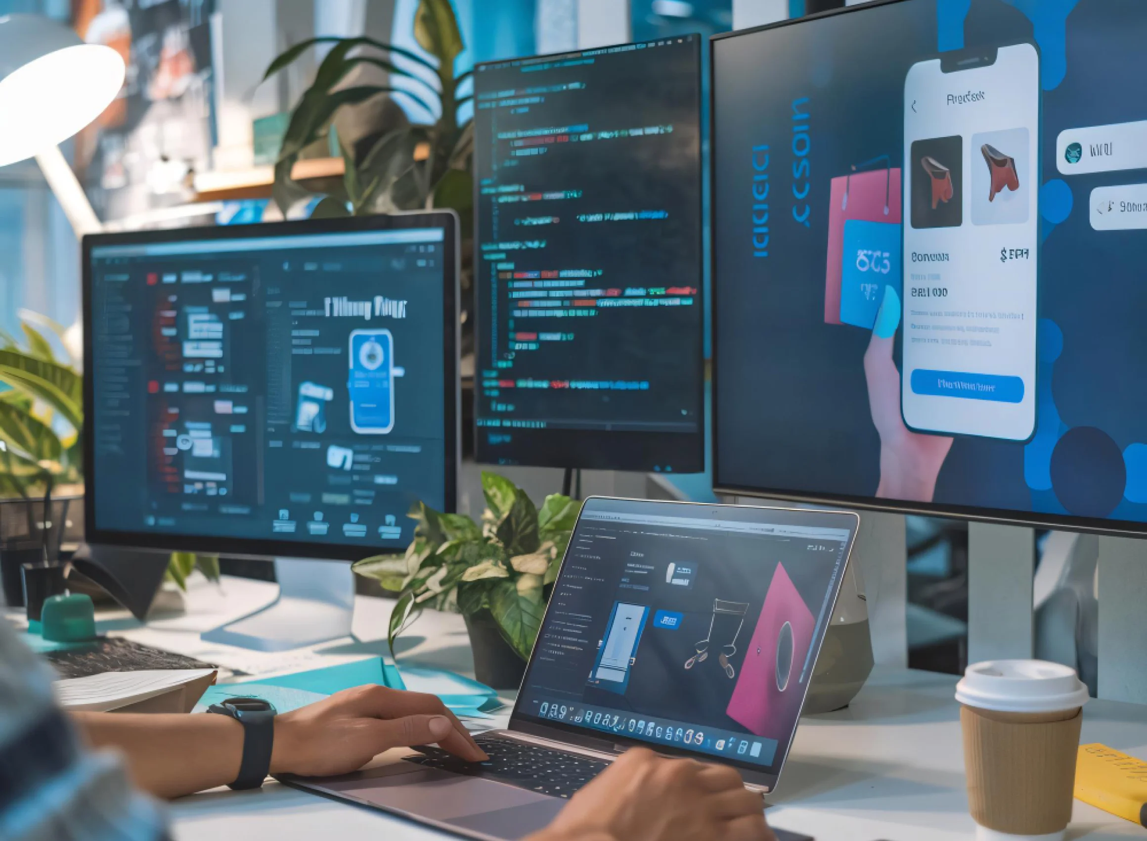 Developer working on a React application with code and design elements around them