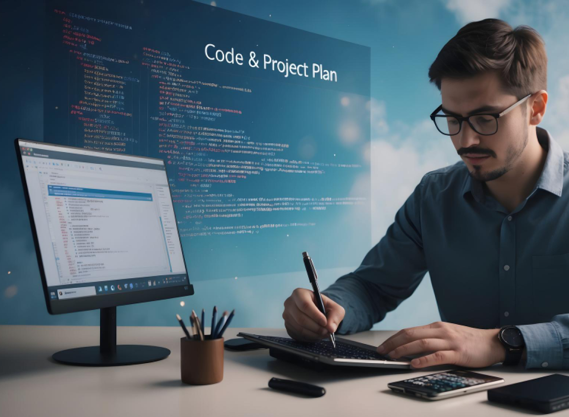 Developer working on a Vue.js application with code and design elements around them